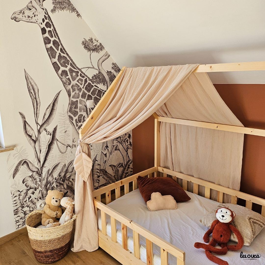 Hausbett Himmel, 100 x 350 cm, Betthimmel Hausbett aus Baumwolle Musselin Beige, Stoffhimmel für Kin