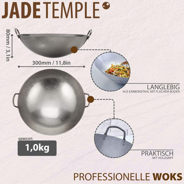 JADE TEMPLE Wok aus Carbonstahl, mit flachem Boden und 30 cm Durchmesser, mit rundem Holzgriff Durch