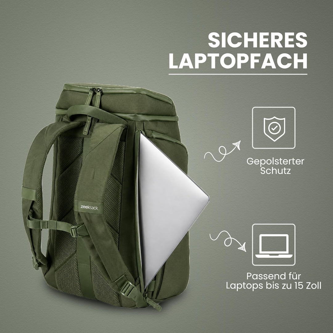 Zeeksack The Organizer - Rucksack Grün 20L - Wasserabweisender Reiserucksack mit Laptopfach, herausn