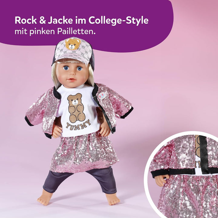 Baby Born Glam-Outfit mit pinkem Pailletten-Rock &amp; Jacke, Shirt mit Teddydruck, Cap &amp; Leggins für 43