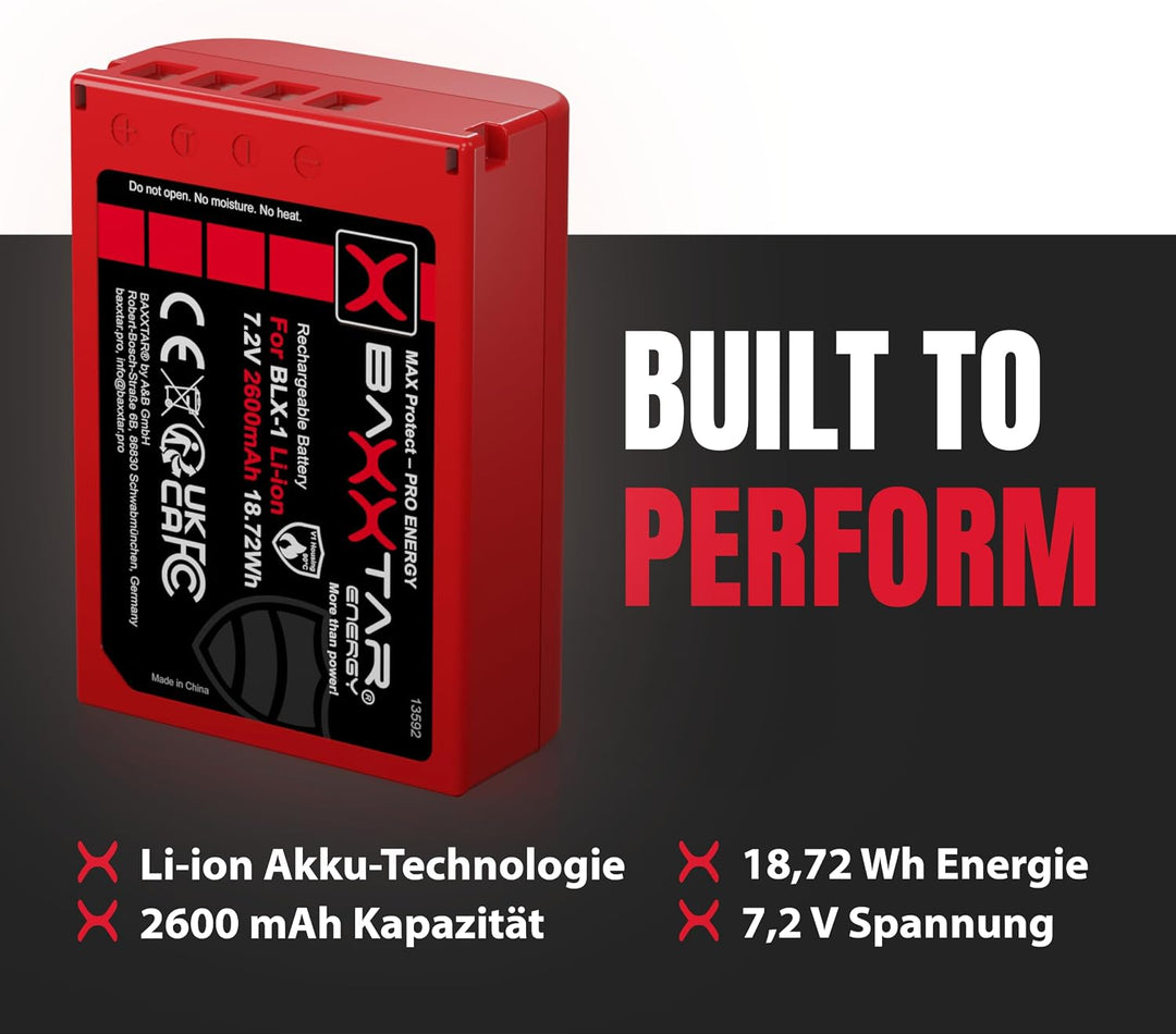 Baxxtar MaxProtect BLX-1 Akku (2X 2400mAh) mit NTC-Sensor und V1 Gehäuse - für OM-1 2x BLX-1 MaxProt
