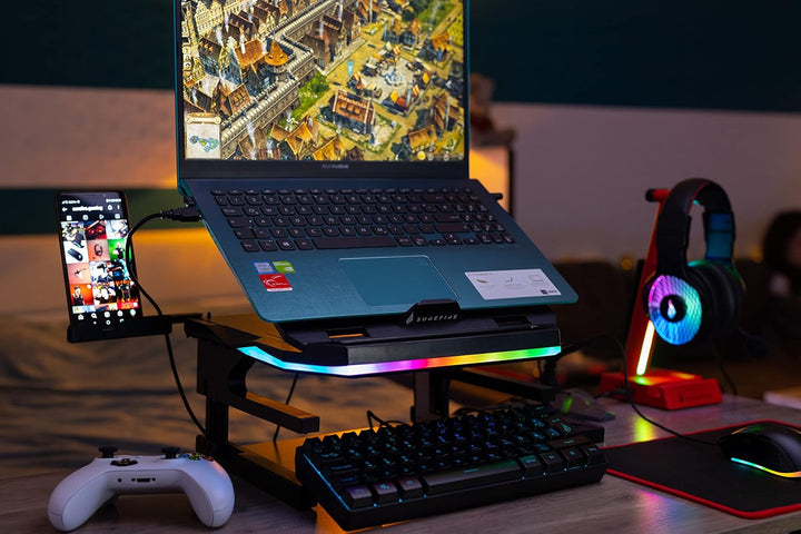SureFire Portus X2 Gaming Laptop-Ständer, 360° Notebook Stand höhenverstellbar mit RGB-Beleuchtung,