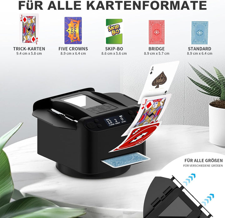 Automatischer Kartenmischer und Austeiler 2-in-1, 2 Kartensätze, unterstützt 2-12 Spieler, 4 Fernbed