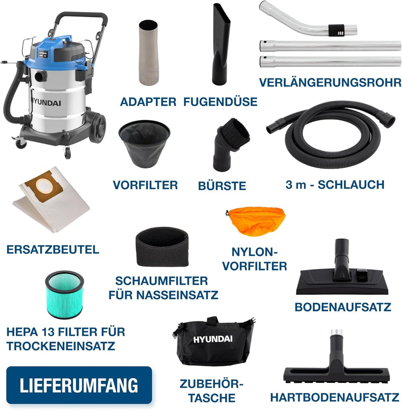 Hyundai Nass- / Trockensauger VCWD1650E, 1600 W, 50l, Edelstahltank, Gebläsefunktion (Staubsauger, W