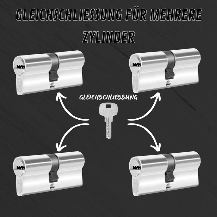 Schliesszylinder 35/35 mm, Set mit 4 gleichschliessenden Doppelzylindern, 20 Schlüssel und 8 Schraub