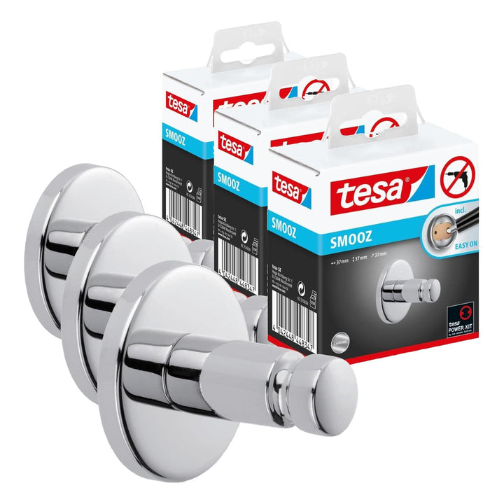 tesa SMOOZ Klebehaken, verchromt, runde Form - Bad-Haken zur Wandbefestigung ohne Bohren, inkl. Kleb