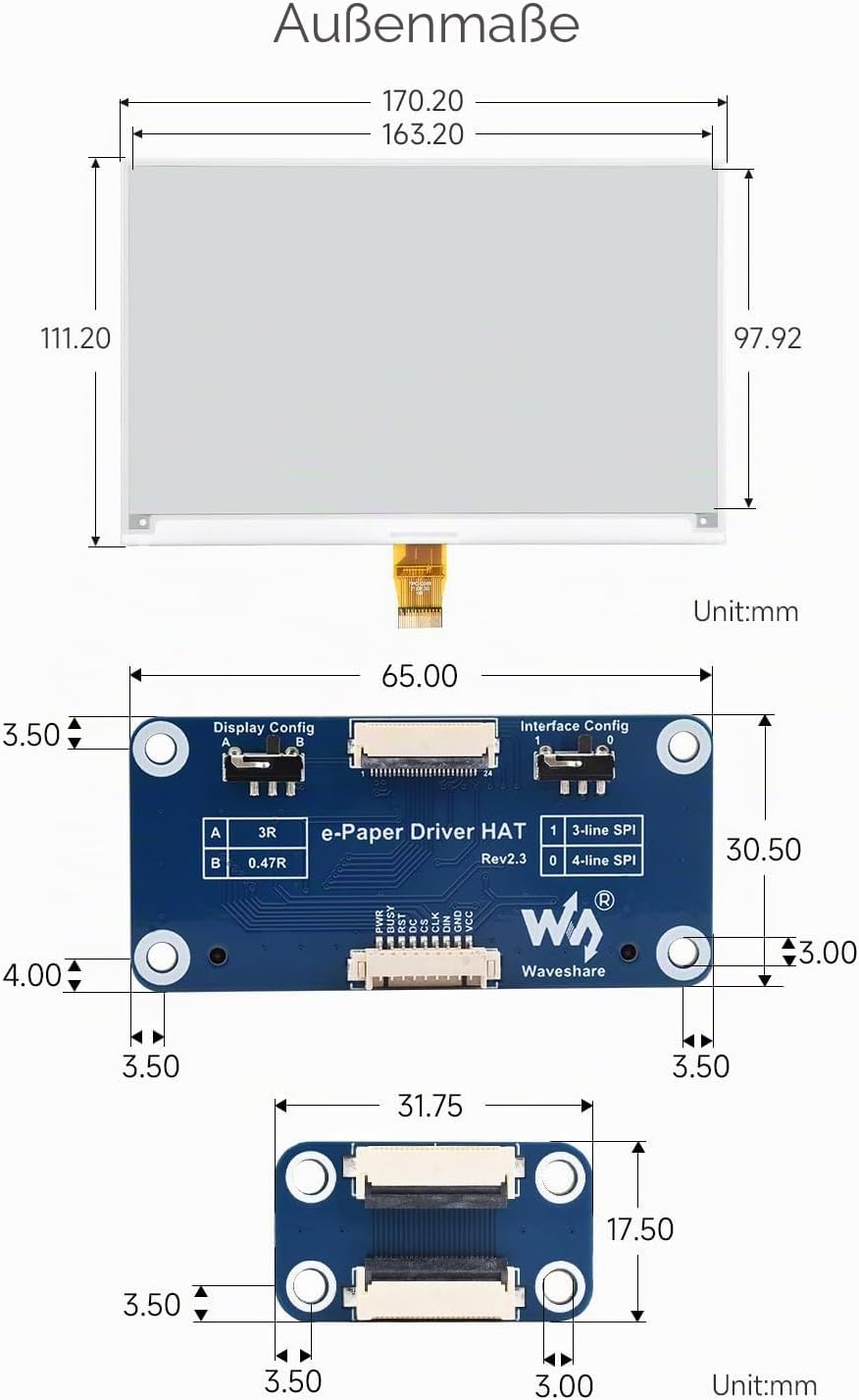 Waveshare 7.5inch E-Paper HAT Display Module, 800×480 Resolution, Supports Black/White 2 Colors, Com