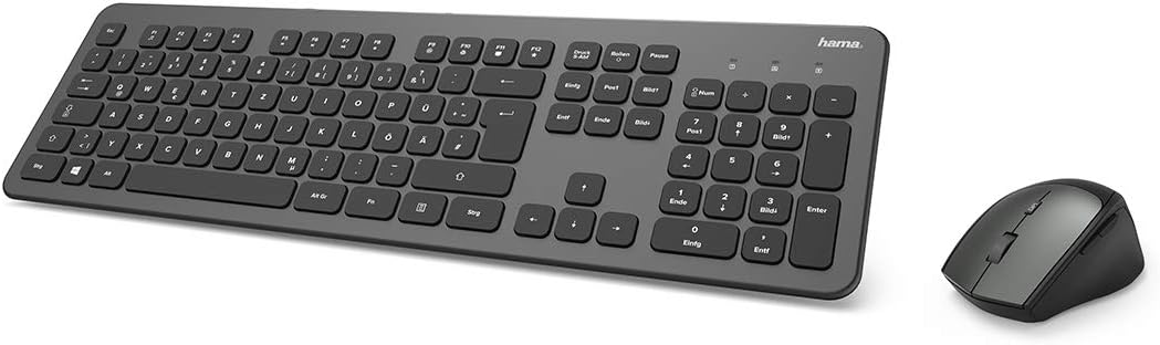 Hama Funk-Tastatur Maus Set (QWERTZ Tastenlayout, kabellose ergonomische Maus, 2,4GHz, USB-Empfänger