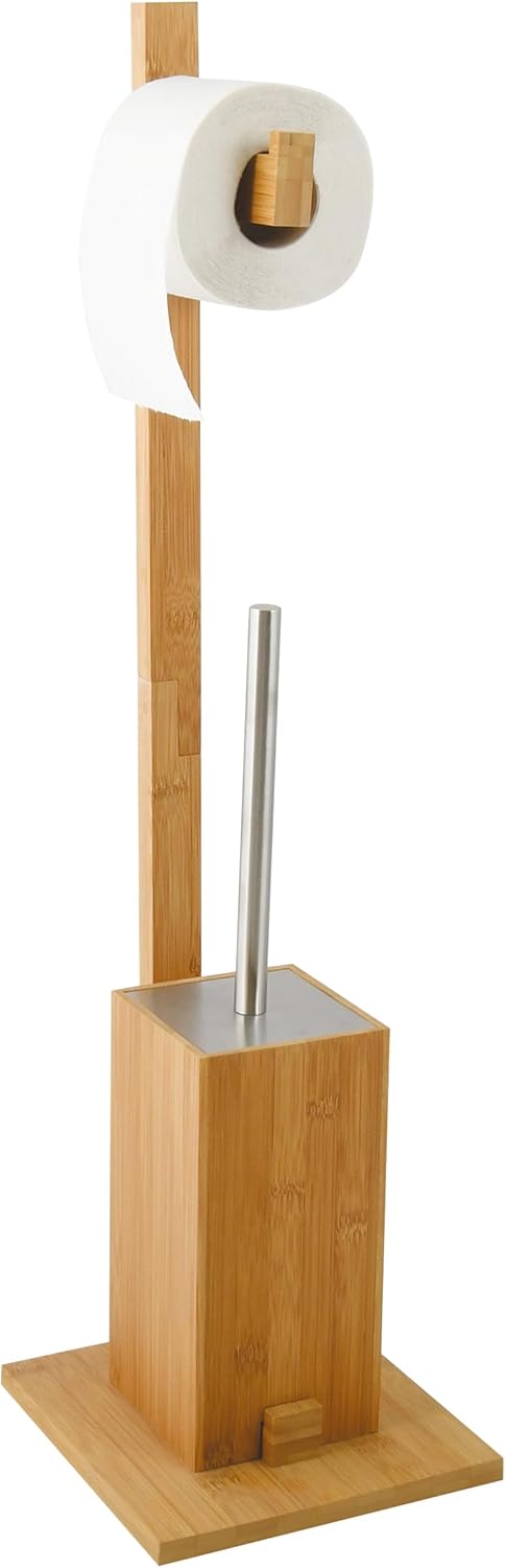 MSV 140632 WC Garnitur aus Bambus Toilettenpapierhalter aus Holz mit separatem Kunststoffbehälter