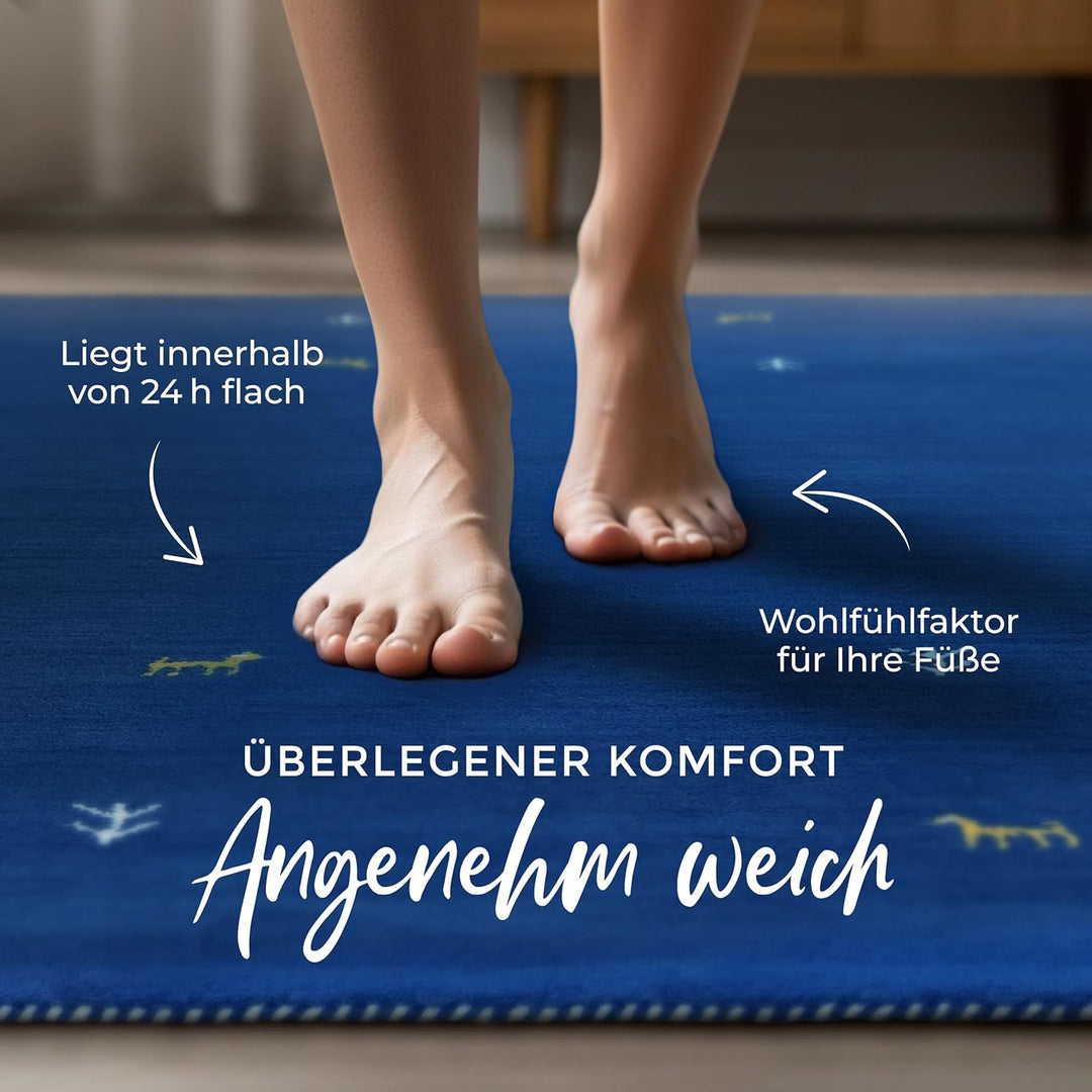 carpetfine Wollteppich Gabbeh Uni Blau 60x90 cm | Moderner Teppich für Wohn- und Schlafzimmer 60x90