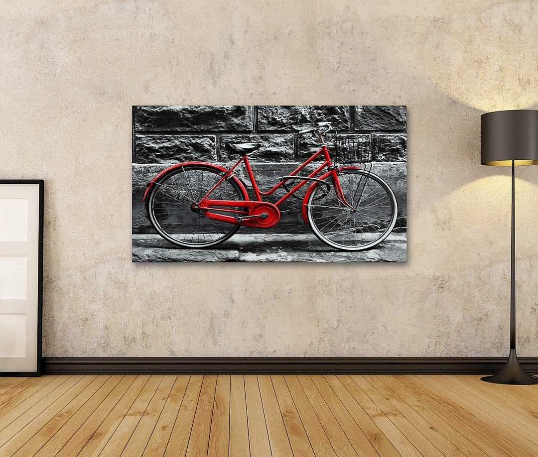 islandburner Bild auf Leinwand Retro Vintage Rotes Fahrrad Vor Schwarz Weisser Wand Bilder Wandbilde