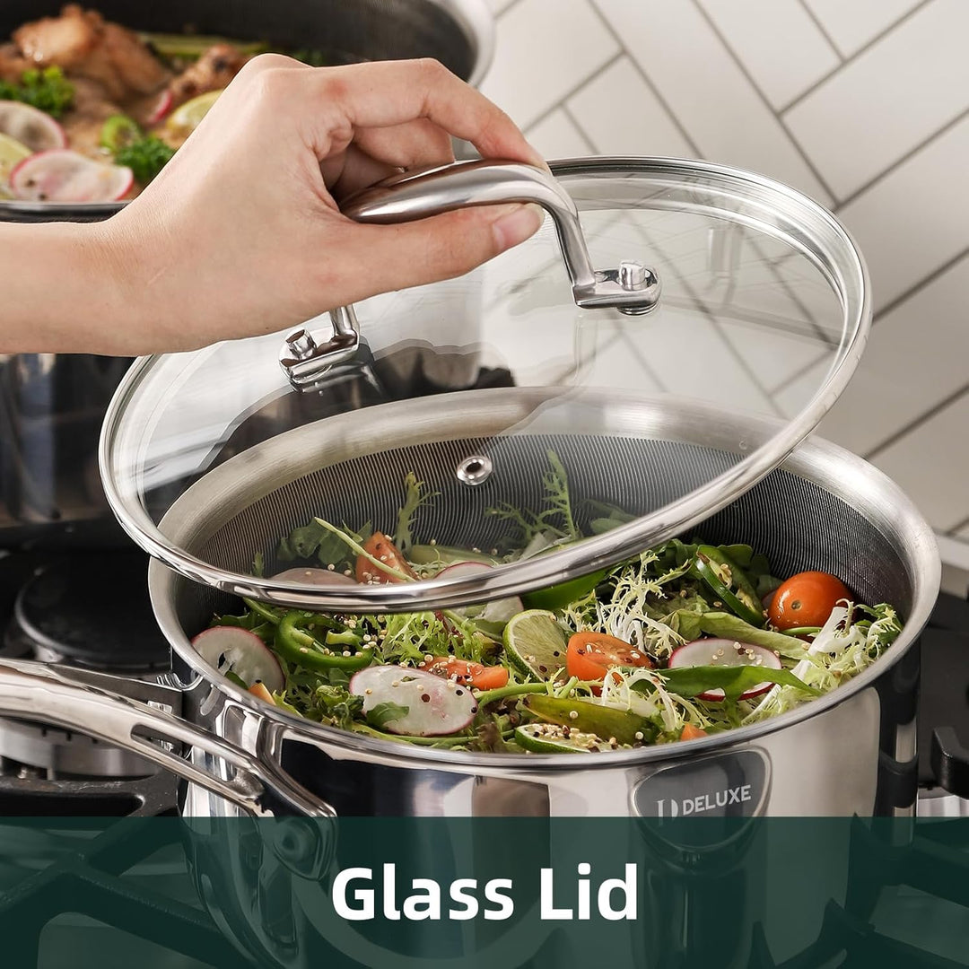 DELUXE Hybrid-Antihaft-Topf-Set, 6-teilig,Töpfe mit Deckel aus gehärtetem Glas, kühlbleibende Griffe