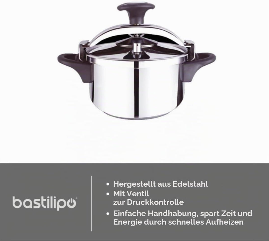 Bastilipo - Express Classic 6 Kochtopf aus Edelstahl, 6 Liter | Druck- und Sicherheitsventil | Kompa