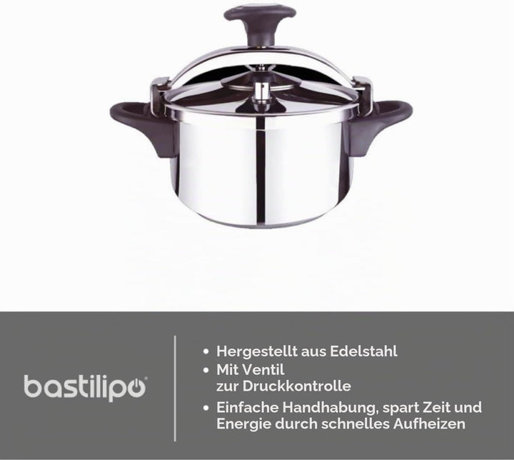 Bastilipo - Express Classic 6 Kochtopf aus Edelstahl, 6 Liter | Druck- und Sicherheitsventil | Kompa