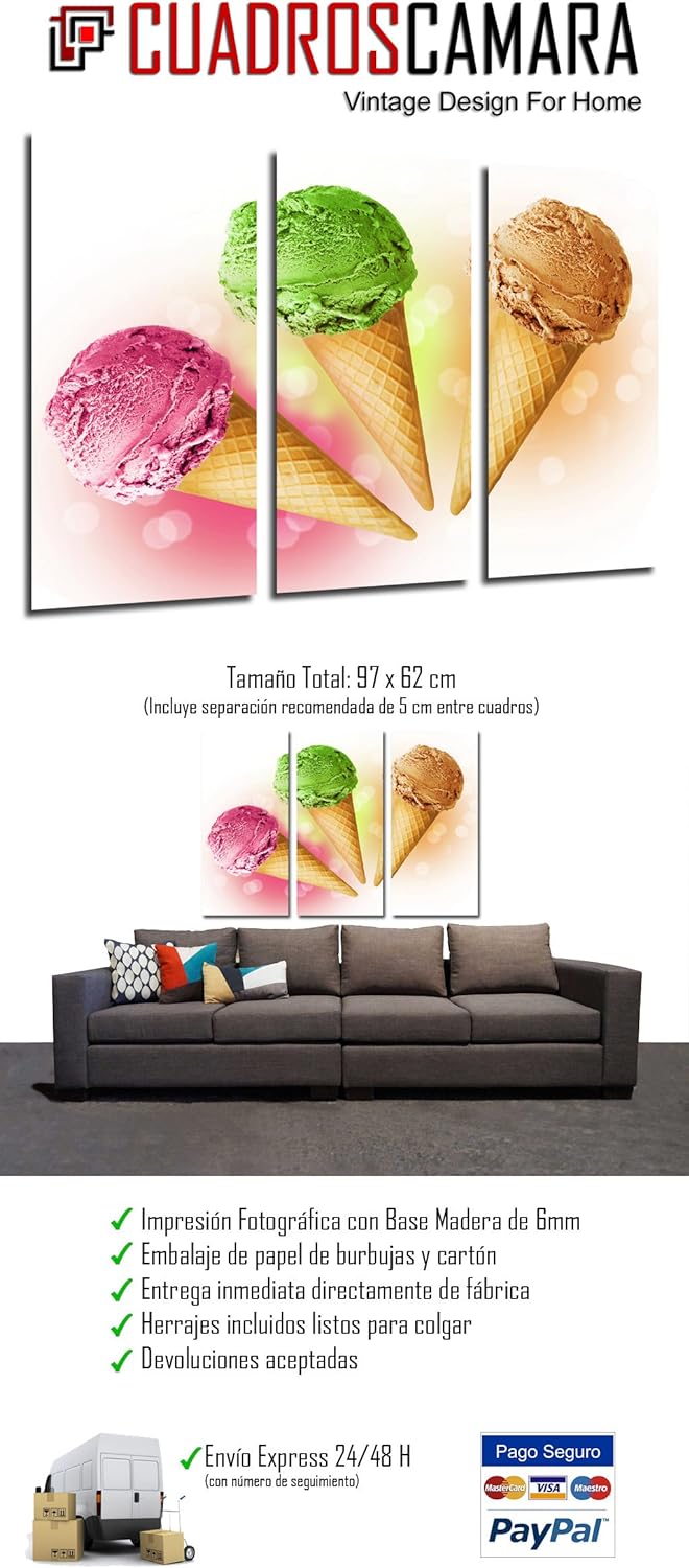 Wandbild - Eisdiele, Eis der Aromen, 97 x 62 cm, Holzdruck - XXL Format - Kunstdruck, ref.26496