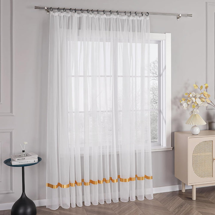 Stores Voile Gardine Schal Transparenter Vorhang mit Satinband Kräuselband H/B 245/300 cm Gelb H245