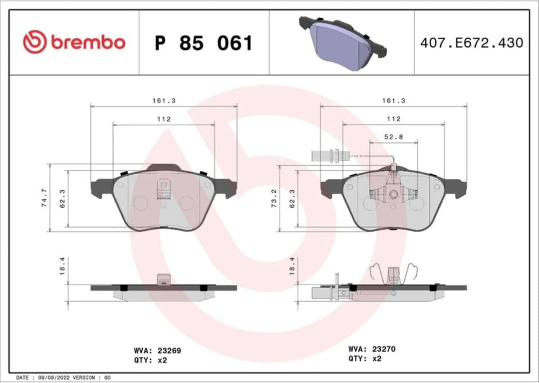 Brembo P 85 061 Bremsbelagsatz, Scheibenbremse - (4-teilig)