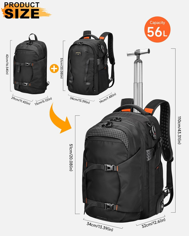 Rucksack mit Rollen 2 in 1 Abnehmbarer Rollrucksack Handgepäck– Wasserabweisend Rucksack Trolley mit