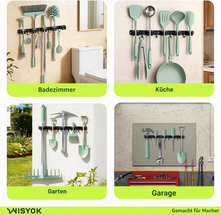 WISYOK Besenhalterung Wand 2pcs, 10 Halter + 8 Haken Schwerlast Gerätehalter, Edelstahl Gartengeräte