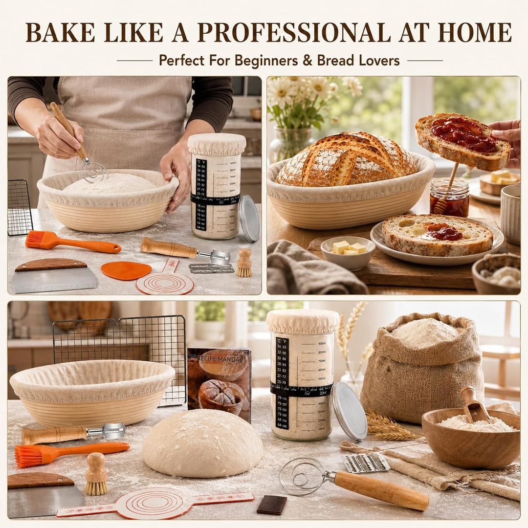 Sauerteig Starter Set 14-teilig, Gärkörbchen 23cm Rund &amp; 25cm Oval | Brot Backen Zubehör mit Gärkörb