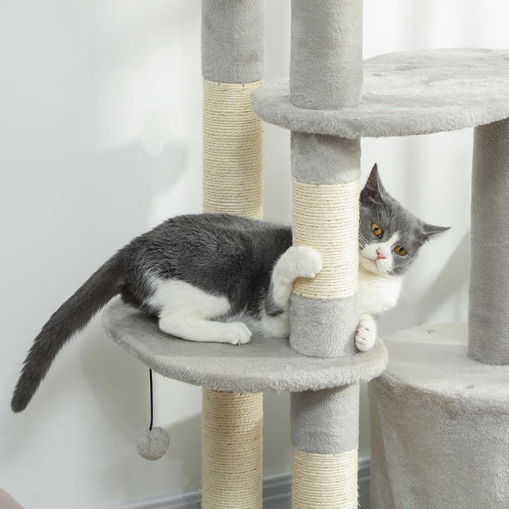 PawHut Kratzbaum 114 cm mit Höhle Spielball für Katzen unter 6 kg Hellgrau | Katzenturm, Sisalstämme