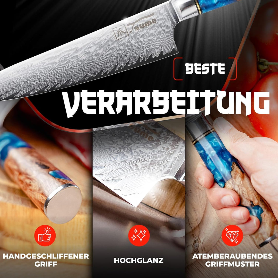 Tsume Profi Set Saphir, Messerset mit 7 Premium Küchenmessern, Echte Damast Küchenmesser, 67 Schicht