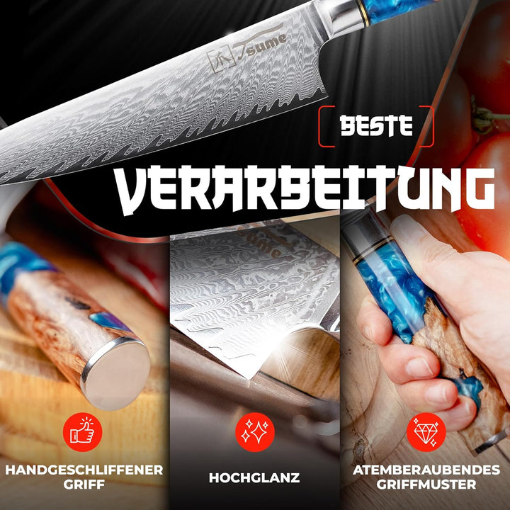 Tsume Profi Set Saphir, Messerset mit 7 Premium Küchenmessern, Echte Damast Küchenmesser, 67 Schicht