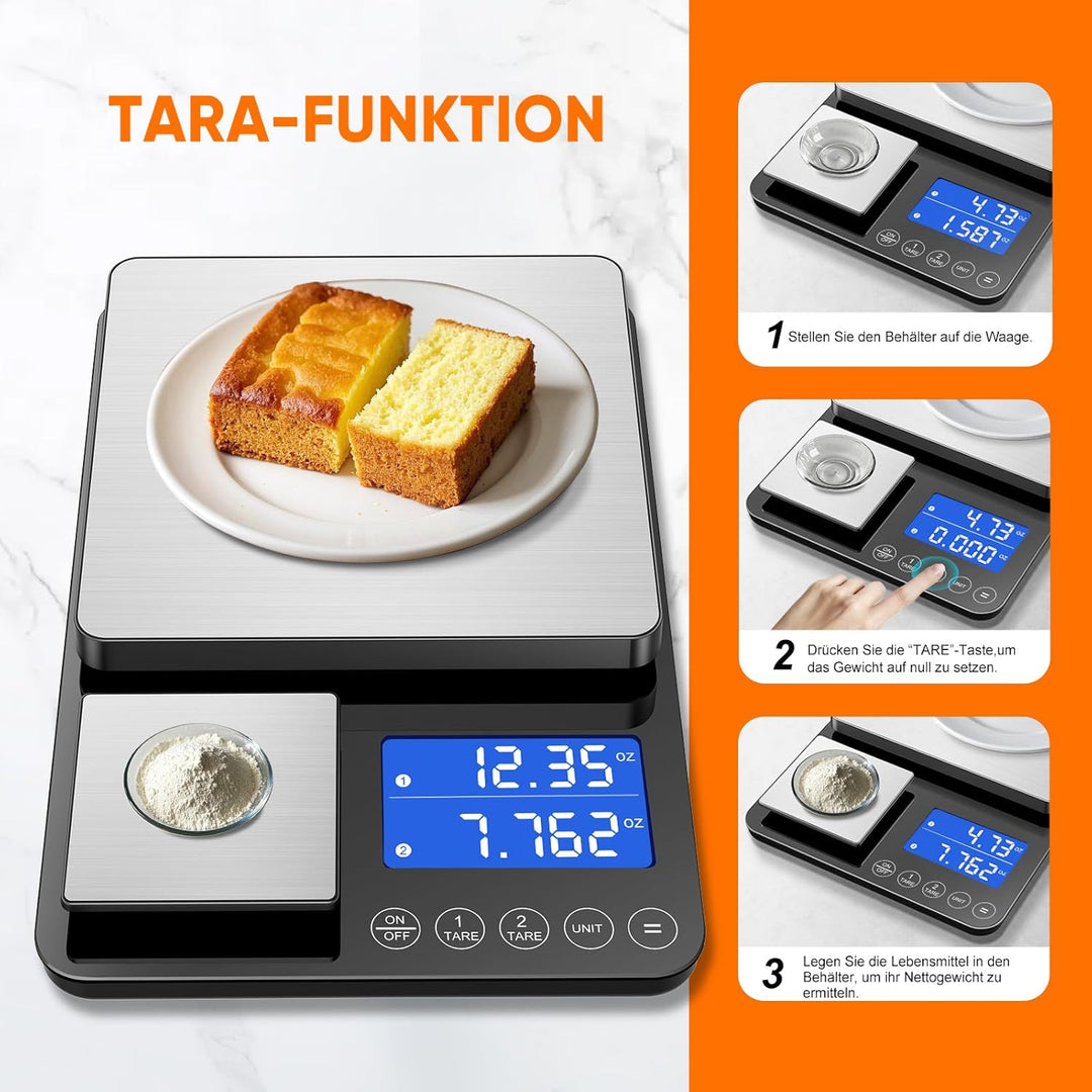 BRICH Digitale Küchenwaage mit Dual-Plattform, 15kg/1g & 500g/0.01g Präzisionswaage mit Tara- & Summ