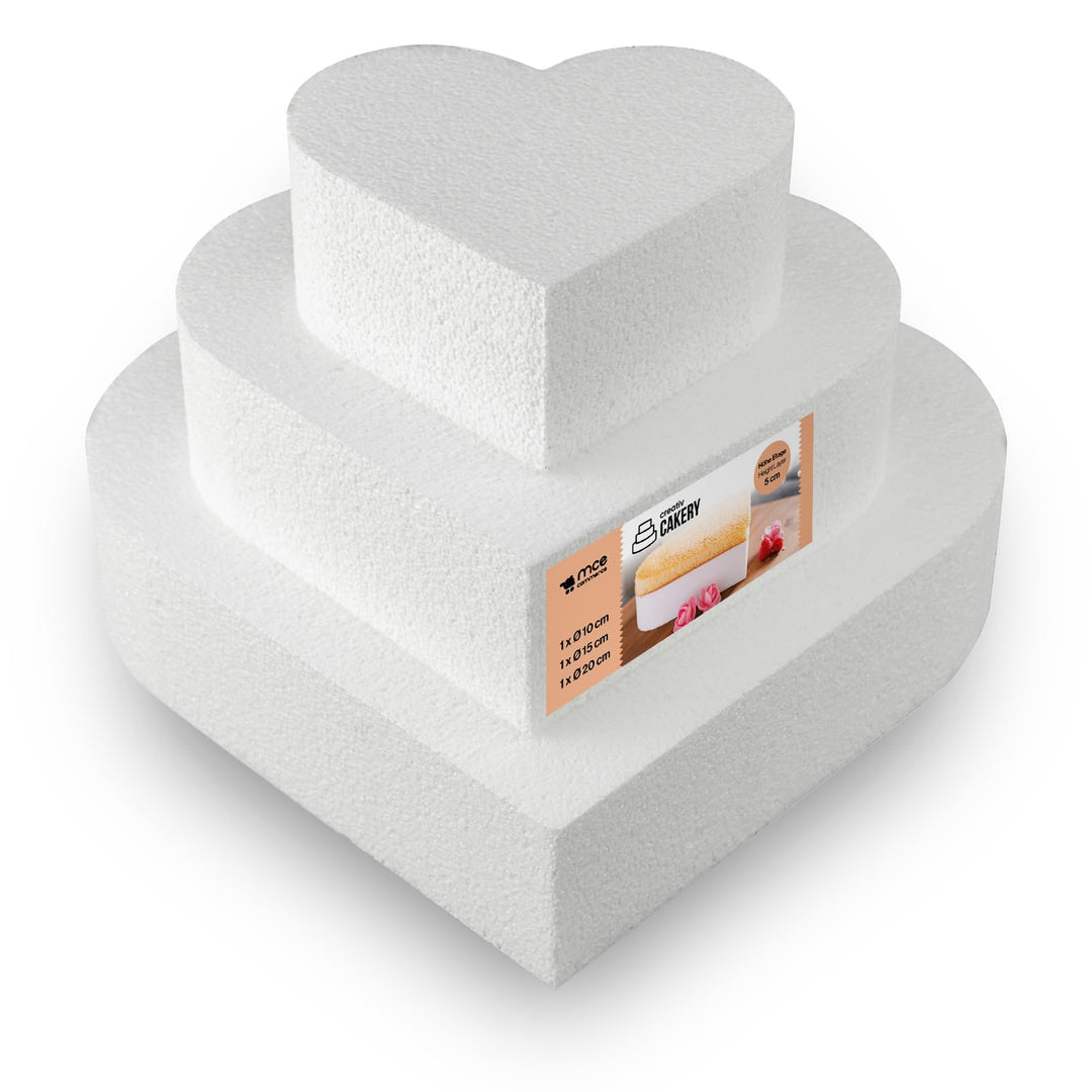 MCE-Commerce A3997913 Styropor Herz-Torte Set dreistöckig H 5cm, 10cm 15cm 20cm, weiss, 20x20x15cm,