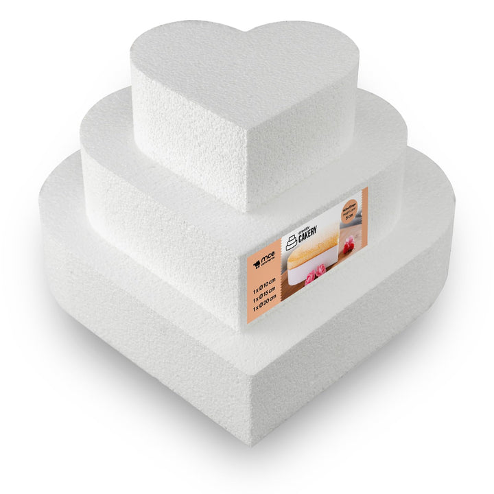 MCE-Commerce A3997913 Styropor Herz-Torte Set dreistöckig H 5cm, 10cm 15cm 20cm, weiss, 20x20x15cm,