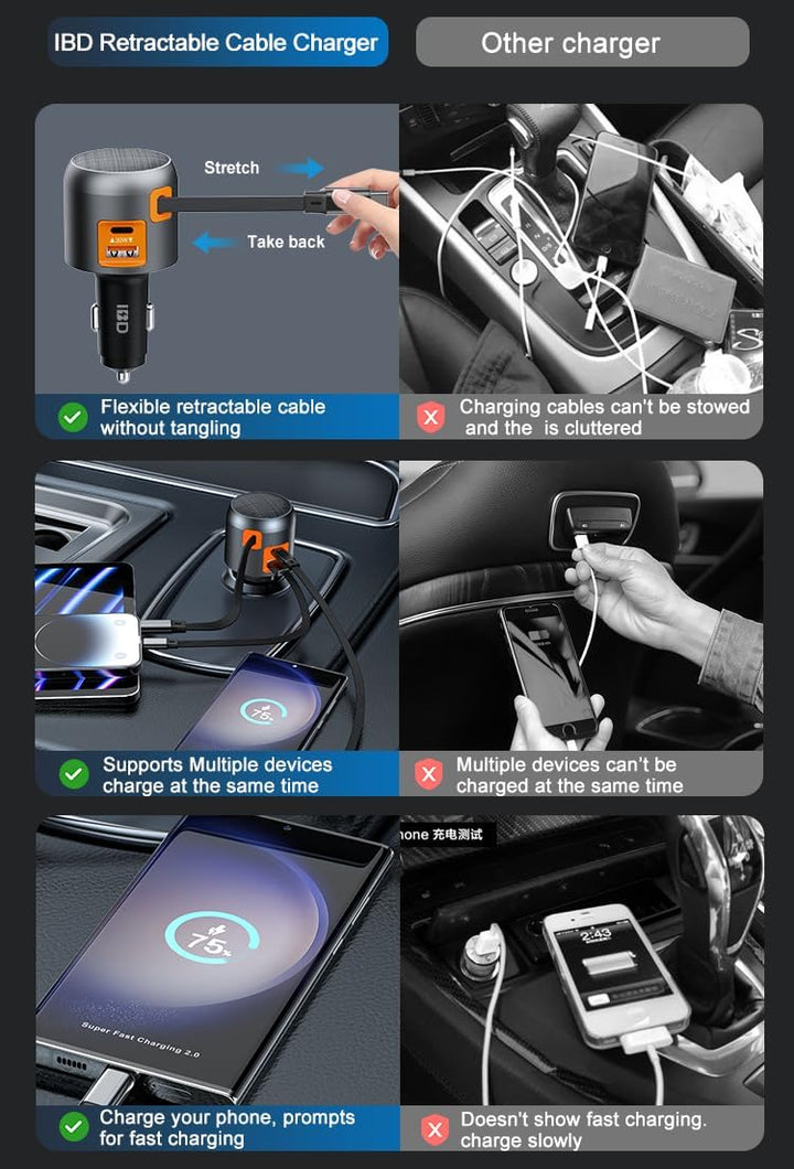 Zigarettenanzünder Ladegerät USB C Retractable 60W PD QC 3.0 Autoladegerät Compact Quick Charge Komp