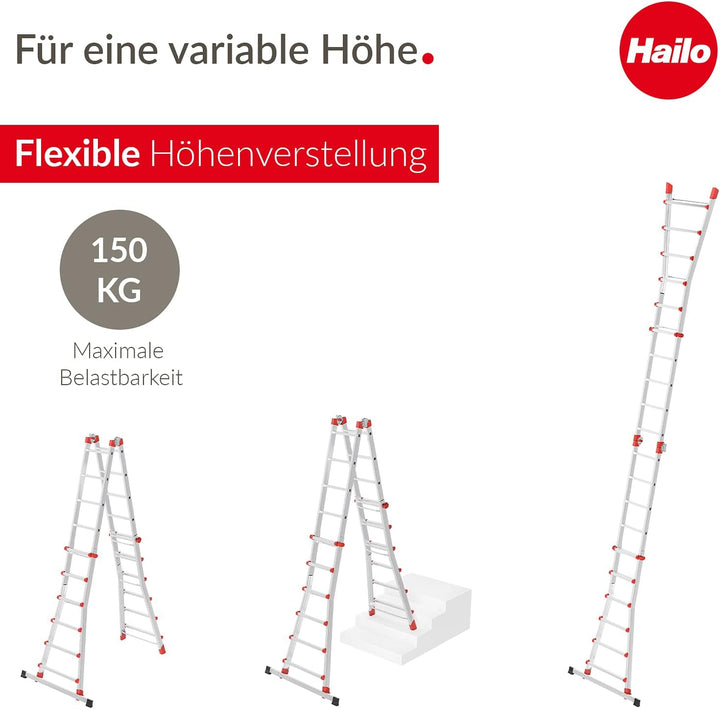 Hailo M80 Alu-Multifunktionsleiter - Mehrzweckleiter mit 4 x 6 Sprossen - variierbar durch 2 Sicherh