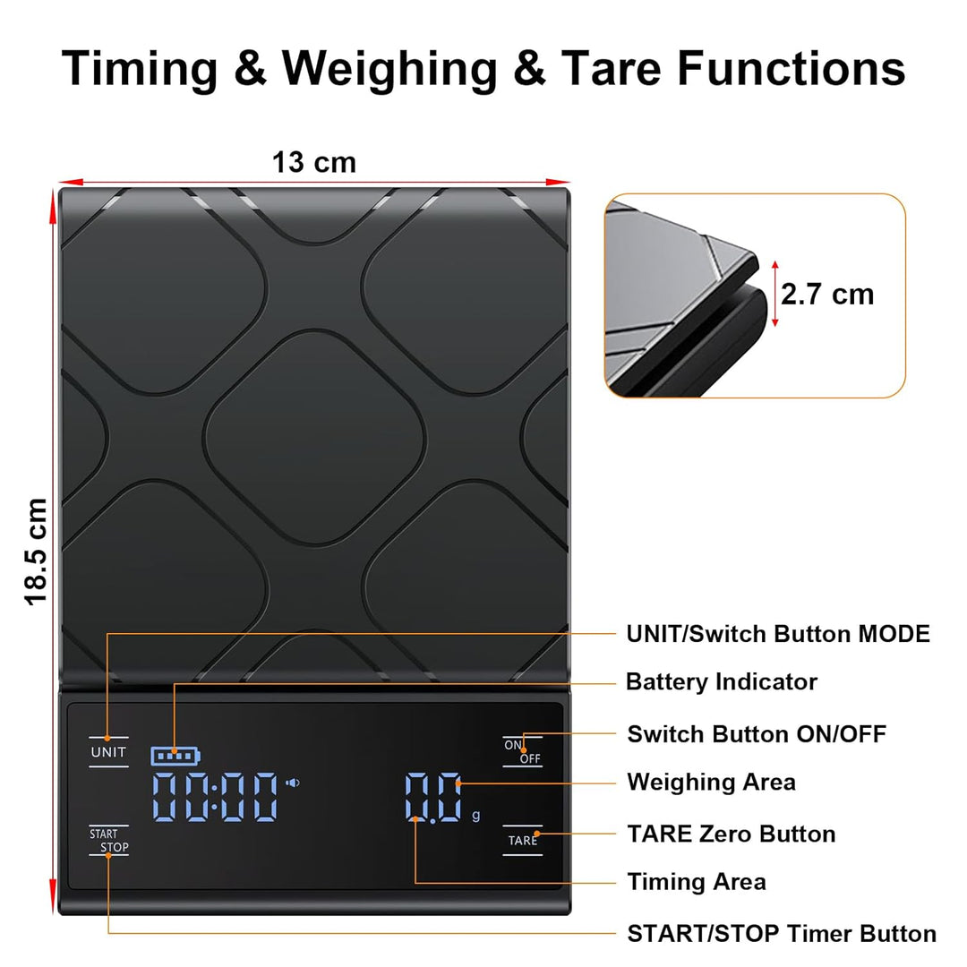 Digitale Kaffeewaage mit Timer 0,1g/5kg Hochpräzise Küchenwaage mit LED-Anzeige Tara Funktion und To