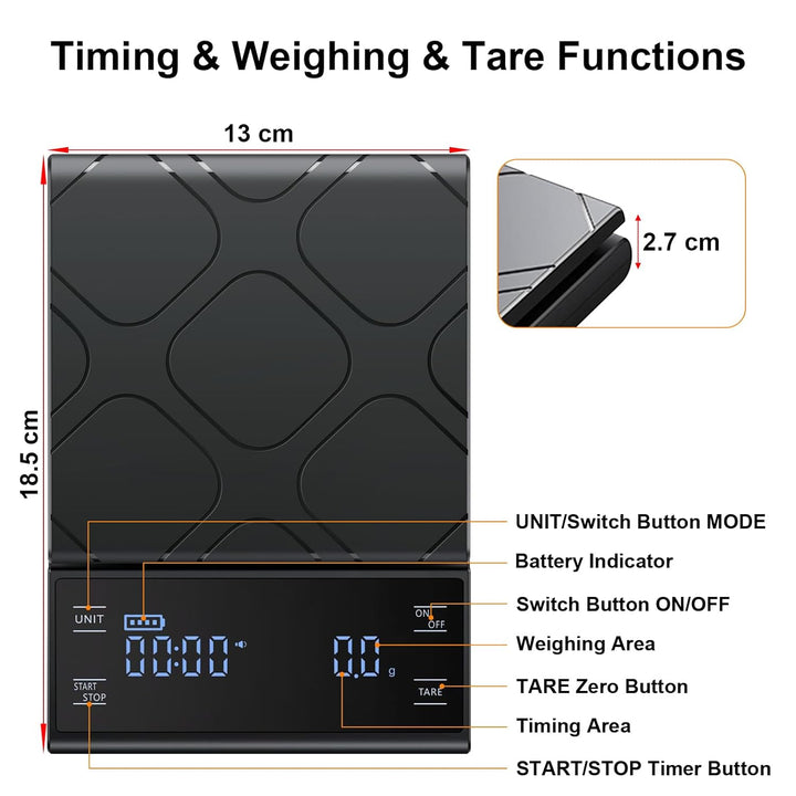 Digitale Kaffeewaage mit Timer 0,1g/5kg Hochpräzise Küchenwaage mit LED-Anzeige Tara Funktion und To