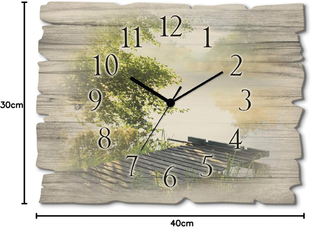 ARTLAND Wanduhr ohne Tickgeräusche aus Holz Funkuhr 40x30 cm Rechteckig Lautlos Natur Landschaft See