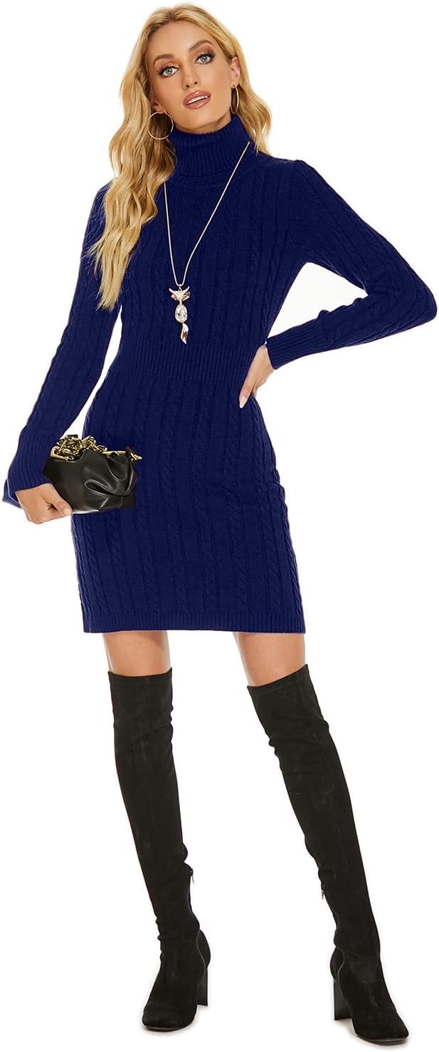 QUNERY Damen Pullover Kleid Elegant Strickkleid Casual Langarm Winterkleid Einfarbig Rollkragen High