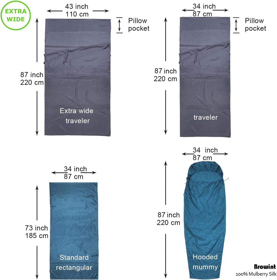 BROWINT Seidenschlafsack, Hüttenschlafsack aus 100% Naturseide, Extrabreite 220x110cm, 220x87cm, 185