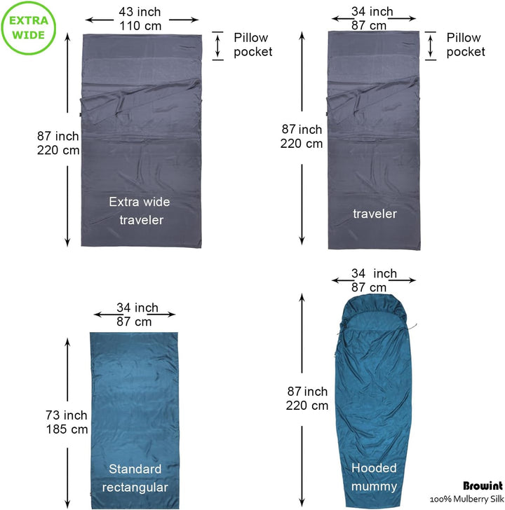 BROWINT Seidenschlafsack, Hüttenschlafsack aus 100% Naturseide, Extrabreite 220x110cm, 220x87cm, 185