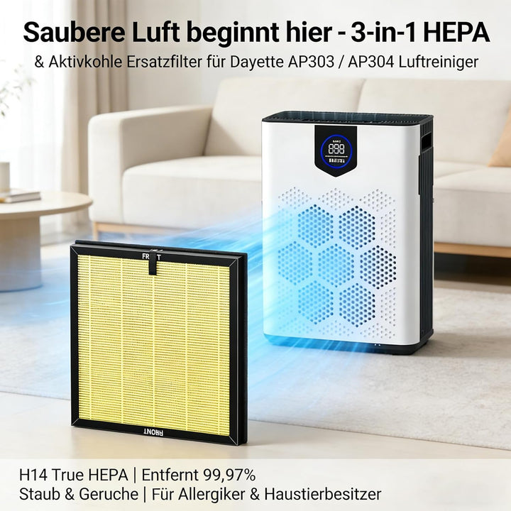 Ersatzfilter Kompatibel Dayette AP303 / AP304 Luftreiniger - 2 Stück 3-in-1 H14 True HEPA mit Hochef