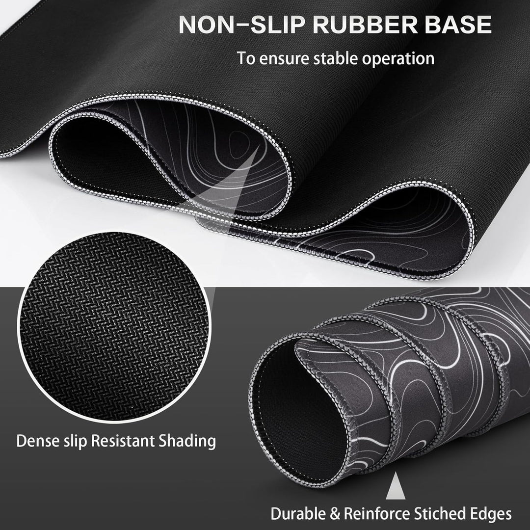Gaming Mauspad XXL, Mousepad 900 x 400mm, Schwarz Topographisch Schreibtischunterlage gross Vernähte