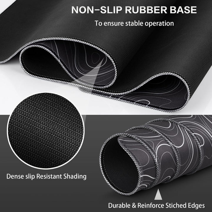 Gaming Mauspad XXL, Mousepad 900 x 400mm, Schwarz Topographisch Schreibtischunterlage gross Vernähte