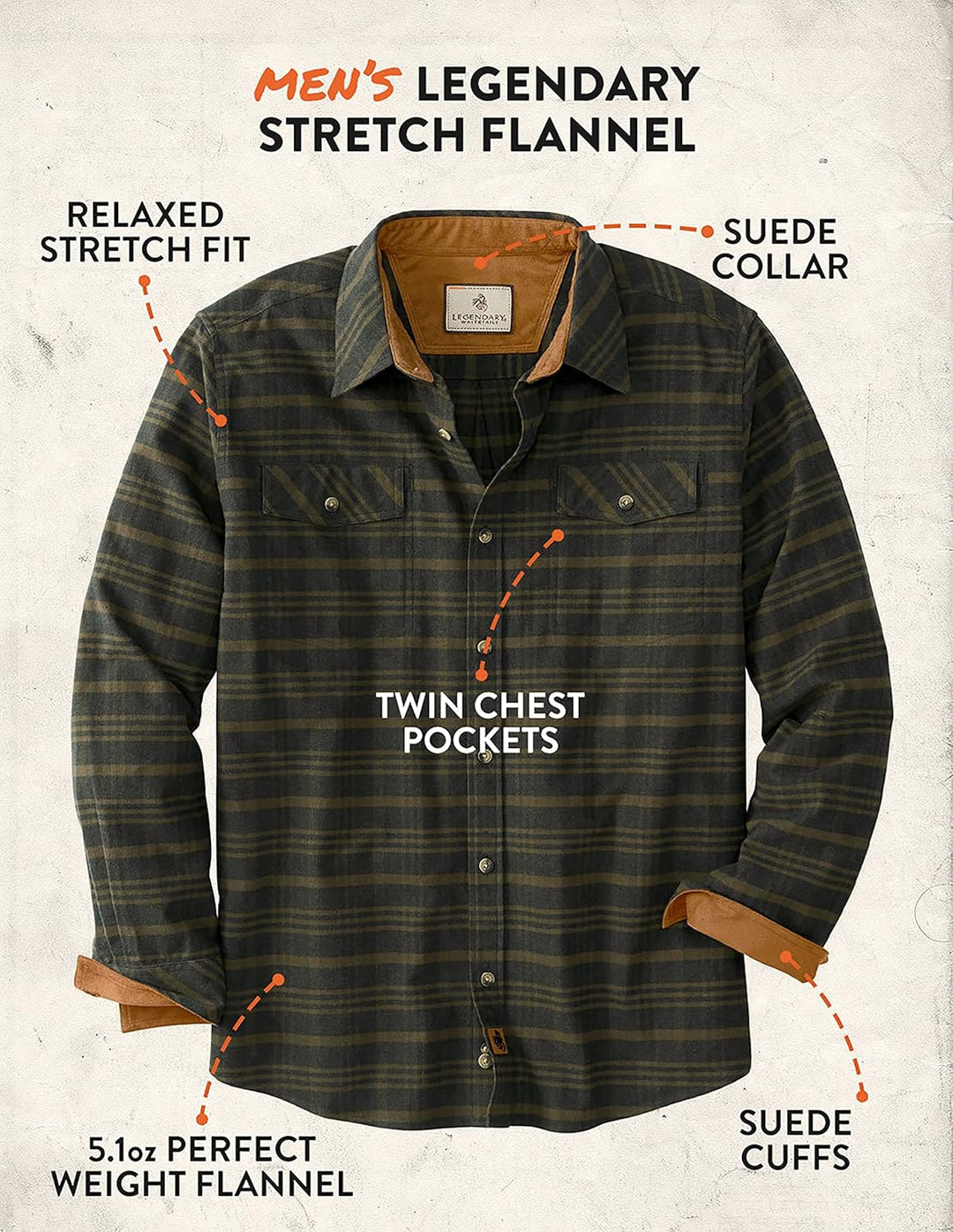 Legendary Whitetails Herren Legendäres Flanellhemd Button-Down-Shirt Large Big Tall Army Melange, L