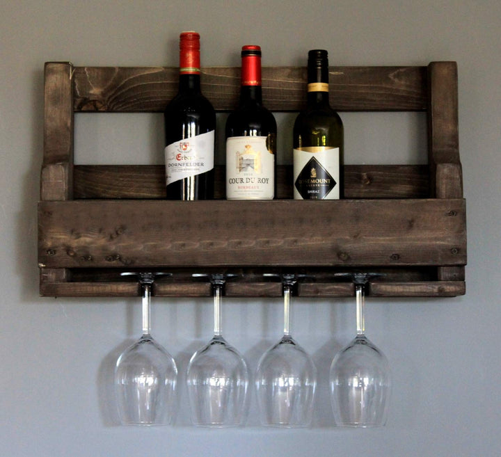 Hochwertiges Weinregal aus Holz für die Wand - mit Gläserhalter - Braun - fertig montiert - Regal fü
