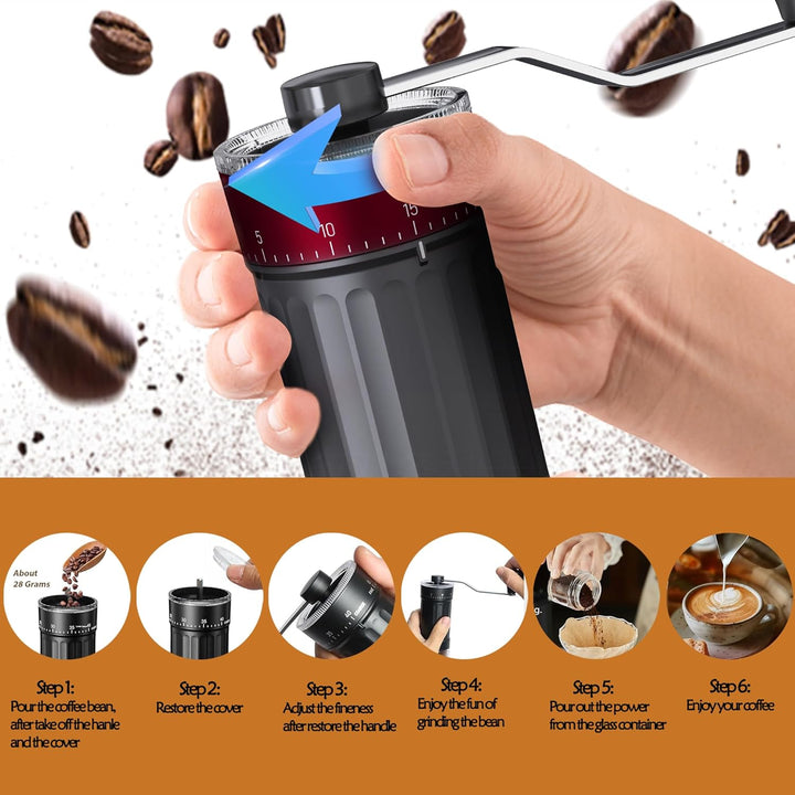 Tragbare Mini Manueller Handkaffeemühle mit 40-stufige Externer Verstellbarer, Kaffeebohnen Kegelmah