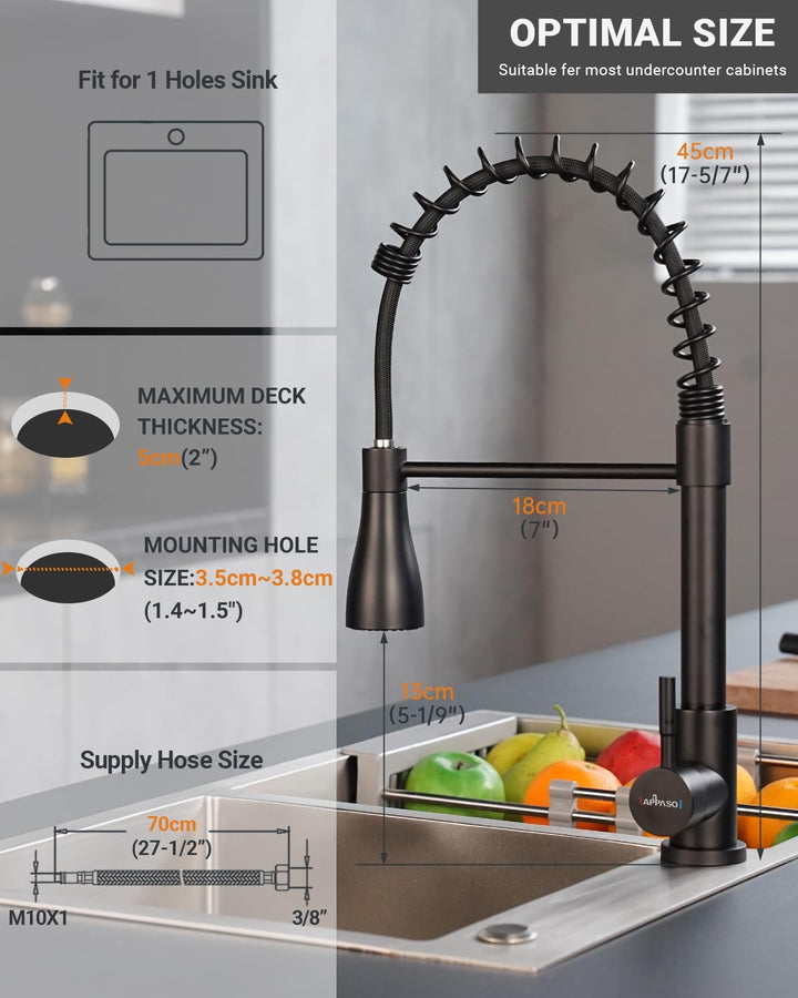 APPASO Wasserhahn Küche Schwarz, Hochdruck Küchenarmatur mit Brause, Mischbatterie Küche mit 3 Strah