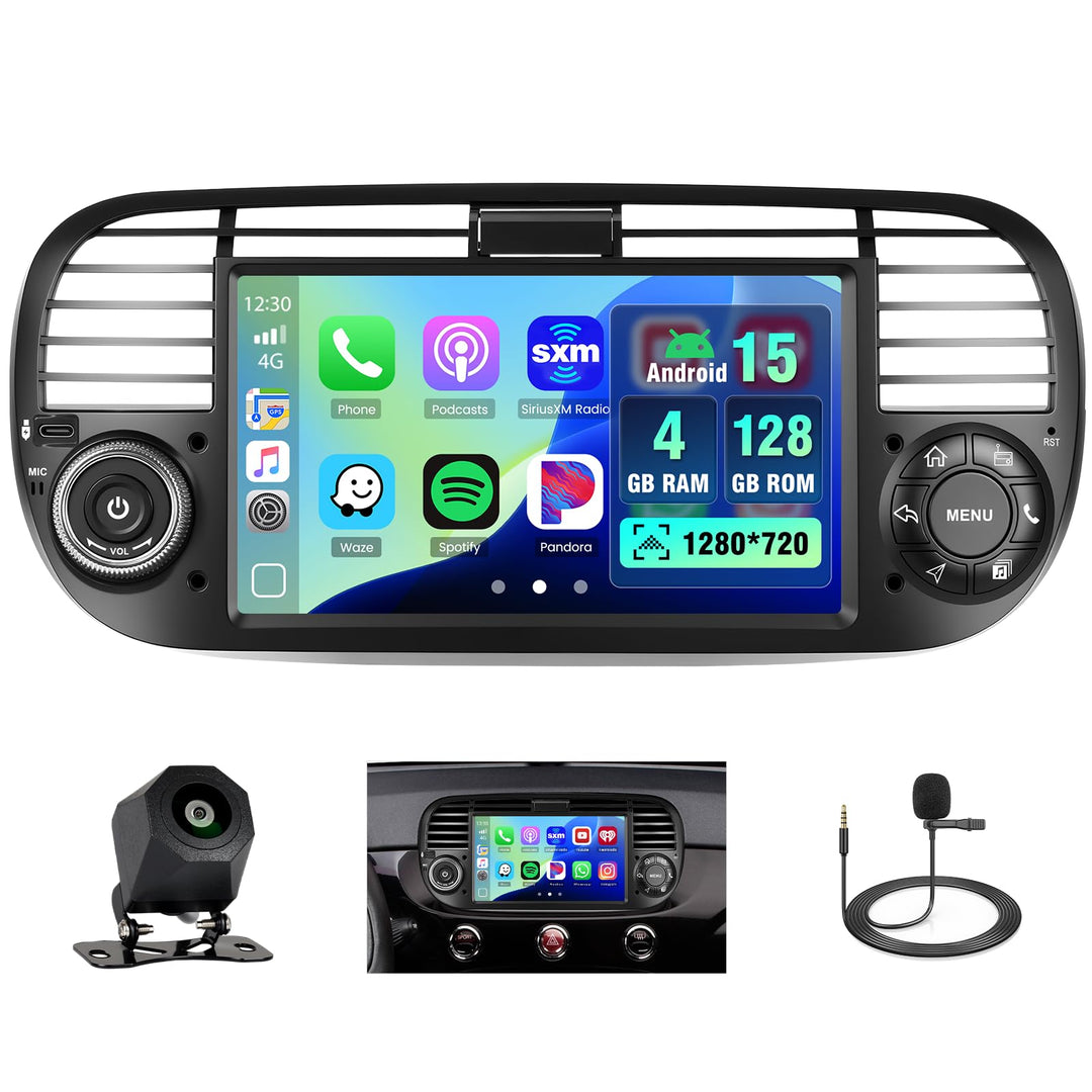 Hikity 4+128G Android Autoradio mit Bildschirm für FIAT 500 2007-2015 Wireless Carplay, Autoradio mi
