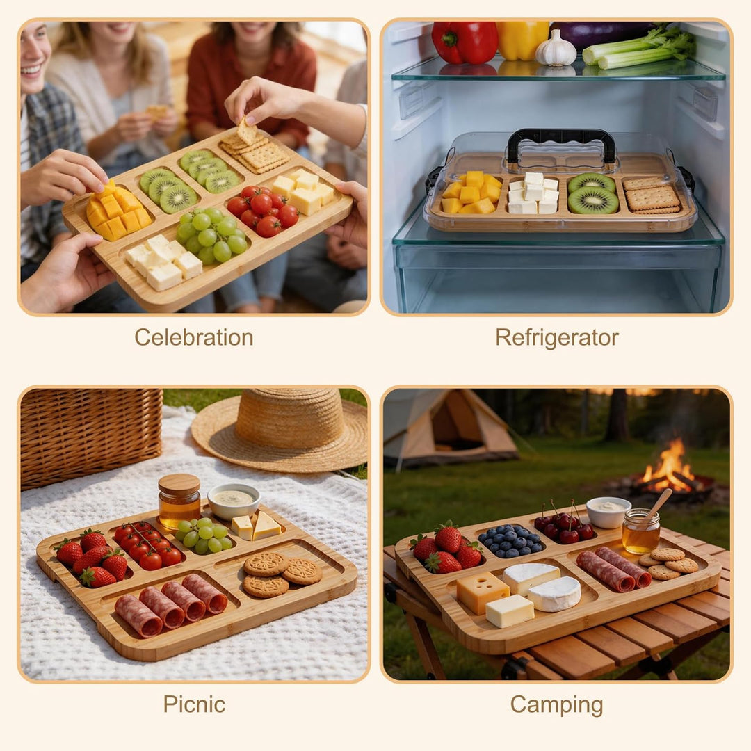 Charcuterie Brett mit klarem Deckelfür 2–4 Personen, Tragbares Bambus-Käsebrett mit 6 Fächern, Multi