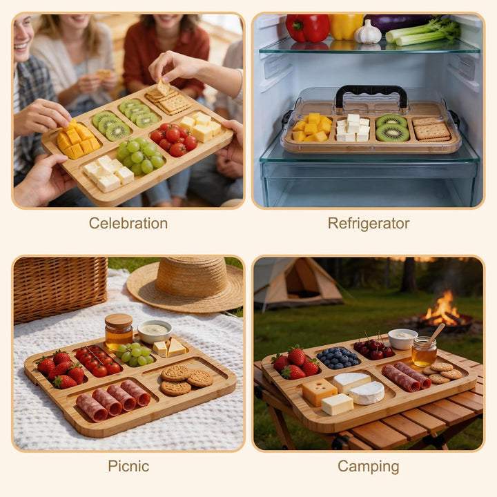 Charcuterie Brett mit klarem Deckelfür 2–4 Personen, Tragbares Bambus-Käsebrett mit 6 Fächern, Multi