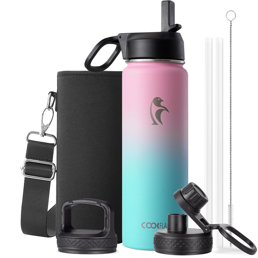Coolflask Wasserflasche mit Strohhalm, isoliert, Edelstahl, Metall, 3 Deckel, breite Öffnung, für Sp