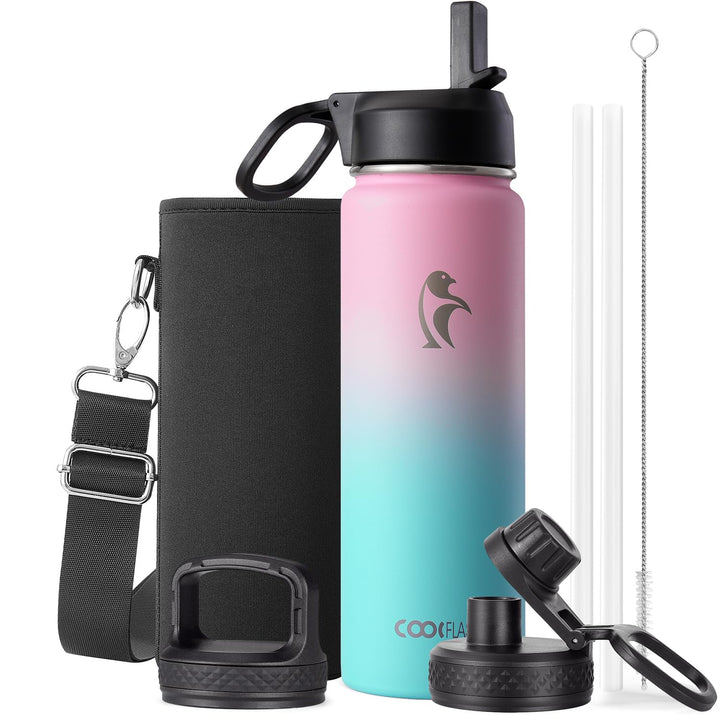 Coolflask Wasserflasche mit Strohhalm, isoliert, Edelstahl, Metall, 3 Deckel, breite Öffnung, für Sp